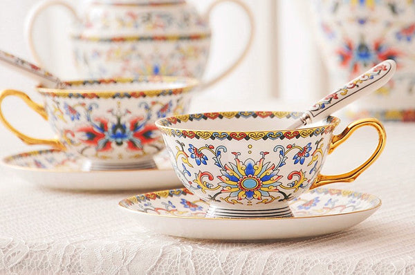 Bohemia Ceramic Coffee Cups, Creative Ceramic Cups, China Porcelain Tea Cup Set, Unique Afternoon Tea Cups and Saucers-Art Painting Canvas