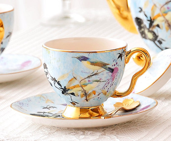 Elegant Ceramic Coffee Cups, Unique Bird Flower Tea Cups and Saucers in Gift Box as Birthday Gift, Beautiful British Tea Cups, Royal Bone China Porcelain Tea Cup Set-Art Painting Canvas