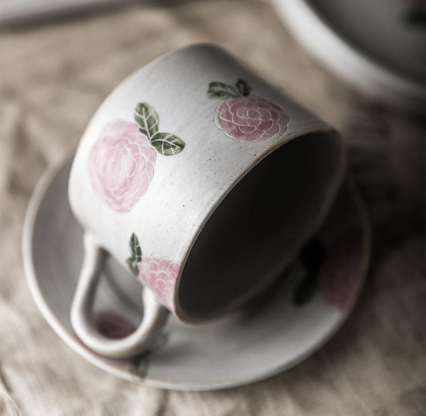 Cappuccino Coffee Mug, Rose Flower Pattern Coffee Cup, Tea Cup, Pottery Coffee Cups, Coffee Cup and Saucer Set-Art Painting Canvas