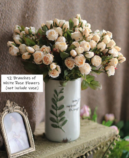 Wedding Artificial Flowers, 12 Branches of White Rose Flowers, White Rose Flower in Vase, Real Touch Flowers, Simple Flower Arrangement Ideas for Home Decoration-Art Painting Canvas