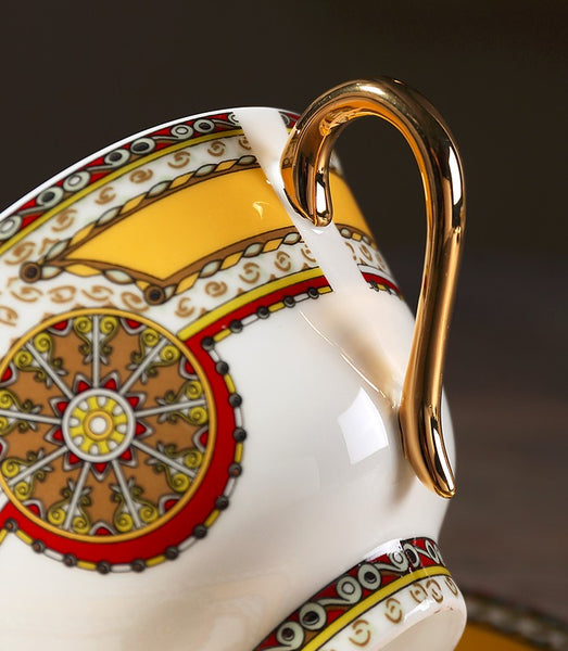 Handmade Beautiful British Tea Cups, Creative Bone China Porcelain Tea Cup Set, Yellow Royal Ceramic Coffee Cups, Unique Tea Cups and Saucers-Art Painting Canvas