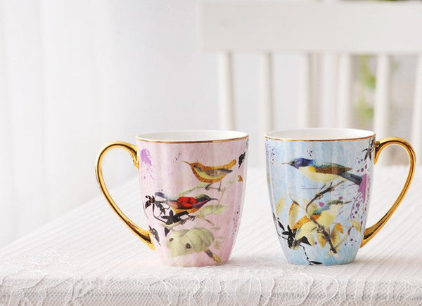 Elegant Ceramic Coffee Mug, Beautiful Bird Flower Ceramic Mug, Large Creative Bone China Porcelain Mug, Large Capacity Ceramic Mugs for Office-Art Painting Canvas