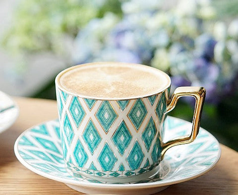 Afternoon Green British Tea Cups, Unique Ceramic Coffee Cups, Creative Bone China Porcelain Tea Cup Set, Traditional English Tea Cups and Saucers-Art Painting Canvas