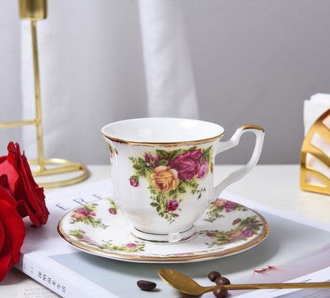 Beautiful British Flower Tea Cups, Unique Porcelain Cup and Saucer, Elegant Ceramic Coffee Cups, Creative Bone China Porcelain Tea Cup Set-Art Painting Canvas