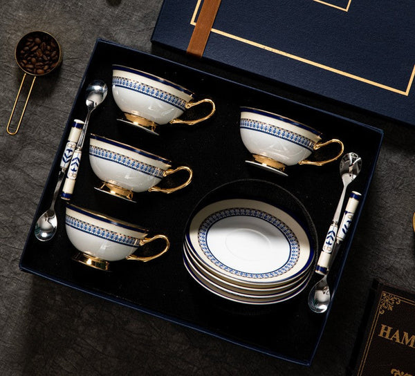 Elegant British Ceramic Coffee Cups, Unique British Tea Cup and Saucer in Gift Box, Blue Bone China Porcelain Tea Cup Set-Art Painting Canvas