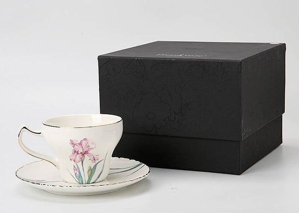 Iris Flower British Tea Cups, Beautiful Bone China Porcelain Tea Cup Set, Traditional English Tea Cups and Saucers, Unique Ceramic Coffee Cups in Gift Box-Art Painting Canvas
