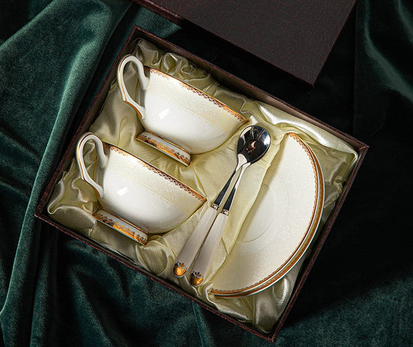 Bone China Porcelain Coffee Cup Set, White Ceramic Cups, Elegant British Ceramic Coffee Cups, Unique Tea Cup and Saucer in Gift Box-Art Painting Canvas