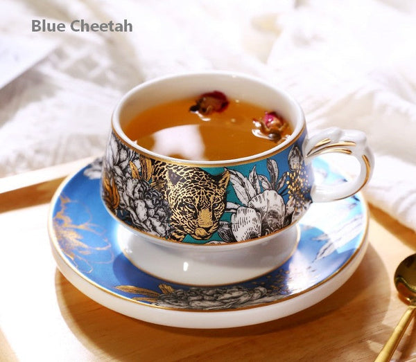 Handmade Ceramic Cups with Gold Trim and Gift Box, Jungle Tiger Cheetah Porcelain Coffee Cups, Creative Ceramic Tea Cups and Saucers-Art Painting Canvas