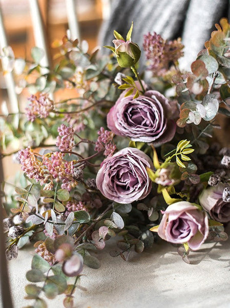 Artificial Floral for Bedroom, Bunch of Purple Rose Flowers, Eucalyptus globulus, Botany Plants, Creative Flower Arrangement Ideas for Home Decoration-Art Painting Canvas