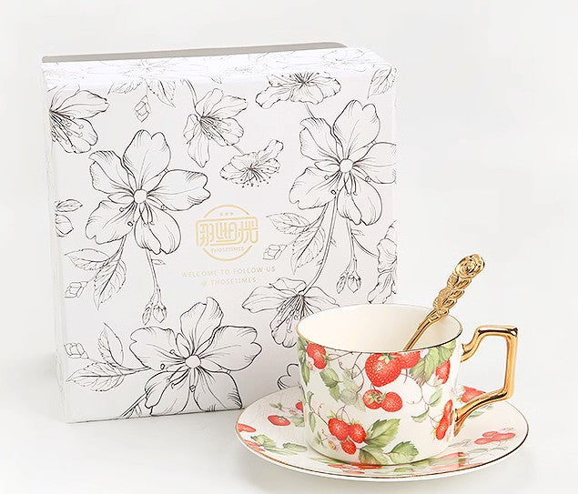 Strawberry Bone China Porcelain Tea Cup Set, Elegant Ceramic Coffee Cups, British Royal Ceramic Cups for Afternoon Tea, Unique Blue Tea Cup and Saucer in Gift Box-Art Painting Canvas