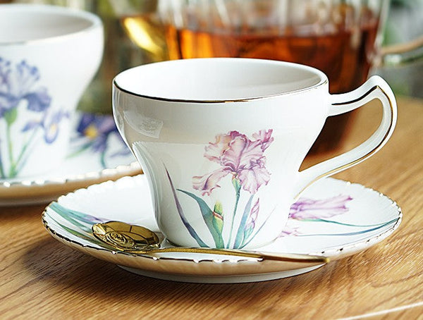 Iris Flower British Tea Cups, Beautiful Bone China Porcelain Tea Cup Set, Traditional English Tea Cups and Saucers, Unique Ceramic Coffee Cups in Gift Box-Art Painting Canvas