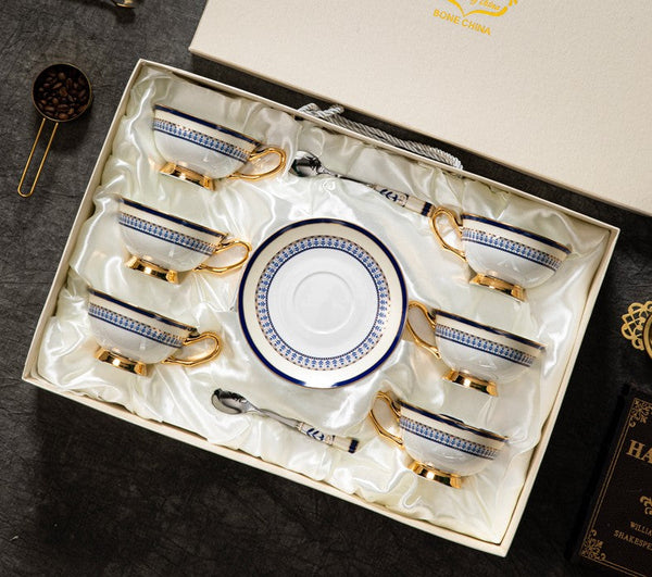 Blue Bone China Porcelain Tea Cup Set, Elegant British Ceramic Coffee Cups, Unique British Tea Cup and Saucer in Gift Box-Art Painting Canvas