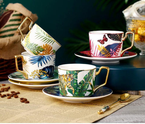 Handmade Coffee Cups with Gold Trim and Gift Box, Tea Cups and Saucers, Jungle Tiger Porcelain Coffee Cups-Art Painting Canvas