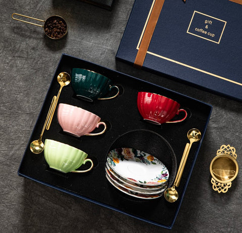 Beautiful British Tea Cups, Creative Bone China Porcelain Tea Cup Set, Elegant Ceramic Coffee Cups, Unique Tea Cups and Saucers in Gift Box-Art Painting Canvas