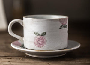 Cappuccino Coffee Mug, Rose Flower Pattern Coffee Cup, Tea Cup, Pottery Coffee Cups, Coffee Cup and Saucer Set-Art Painting Canvas