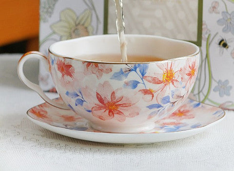 Flower Bone China Porcelain Tea Cup Set, Unique Tea Cup and Saucer in Gift Box,British Royal Ceramic Cups for Afternoon Tea, Elegant Ceramic Coffee Cups-Art Painting Canvas