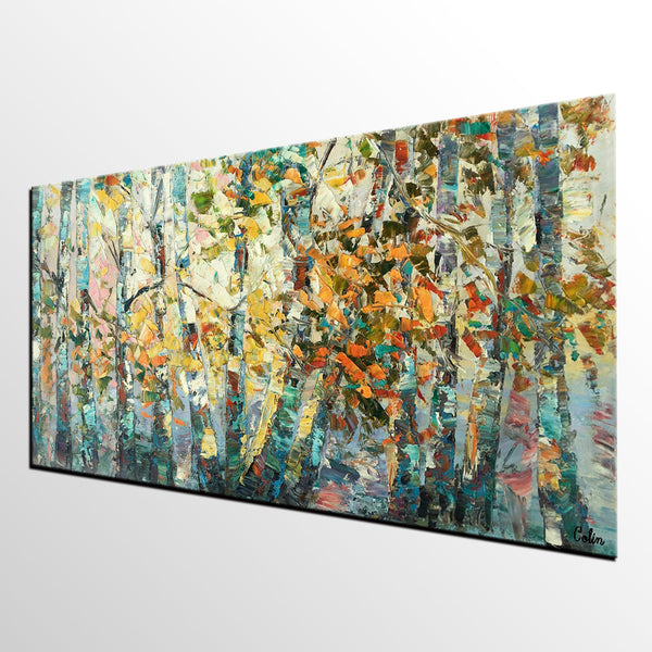 Canvas Art, Autumn Birch Tree Painting, Abstract Landscape Painting, Abstract Art Painting, Custom Canvas Painting-Art Painting Canvas