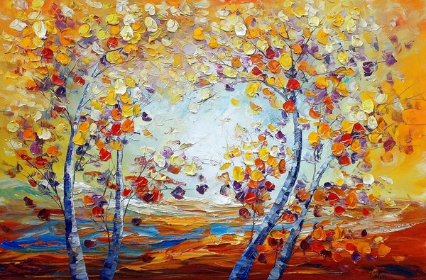 Heavy Texture Canvas Art, Autumn Tree Landscape Art, Custom Canvas Painting for Living Room-Art Painting Canvas