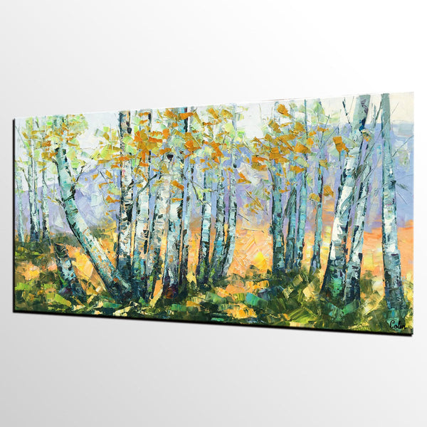 Custom Dining Room Wall Art, Landscape Painting, Birch Tree Painting, Impasto Canvas Art-Art Painting Canvas
