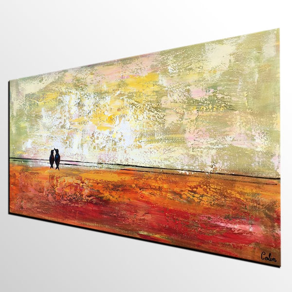 Bird at Wire Painting, Original Painting for Sale, Large Canvas Paintings, Simple Modern Painting, Love Birds Painting, Anniversary Gift-Art Painting Canvas