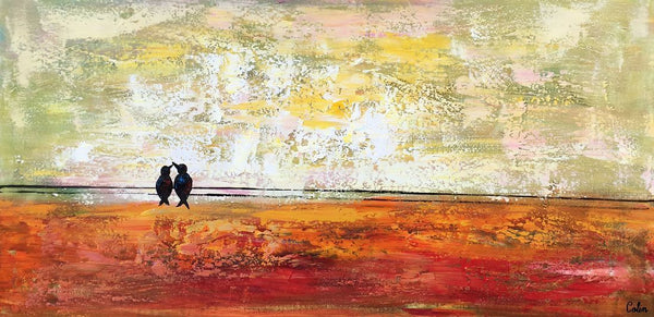 Bird at Wire Painting, Original Painting for Sale, Large Canvas Paintings, Simple Modern Painting, Love Birds Painting, Anniversary Gift-Art Painting Canvas