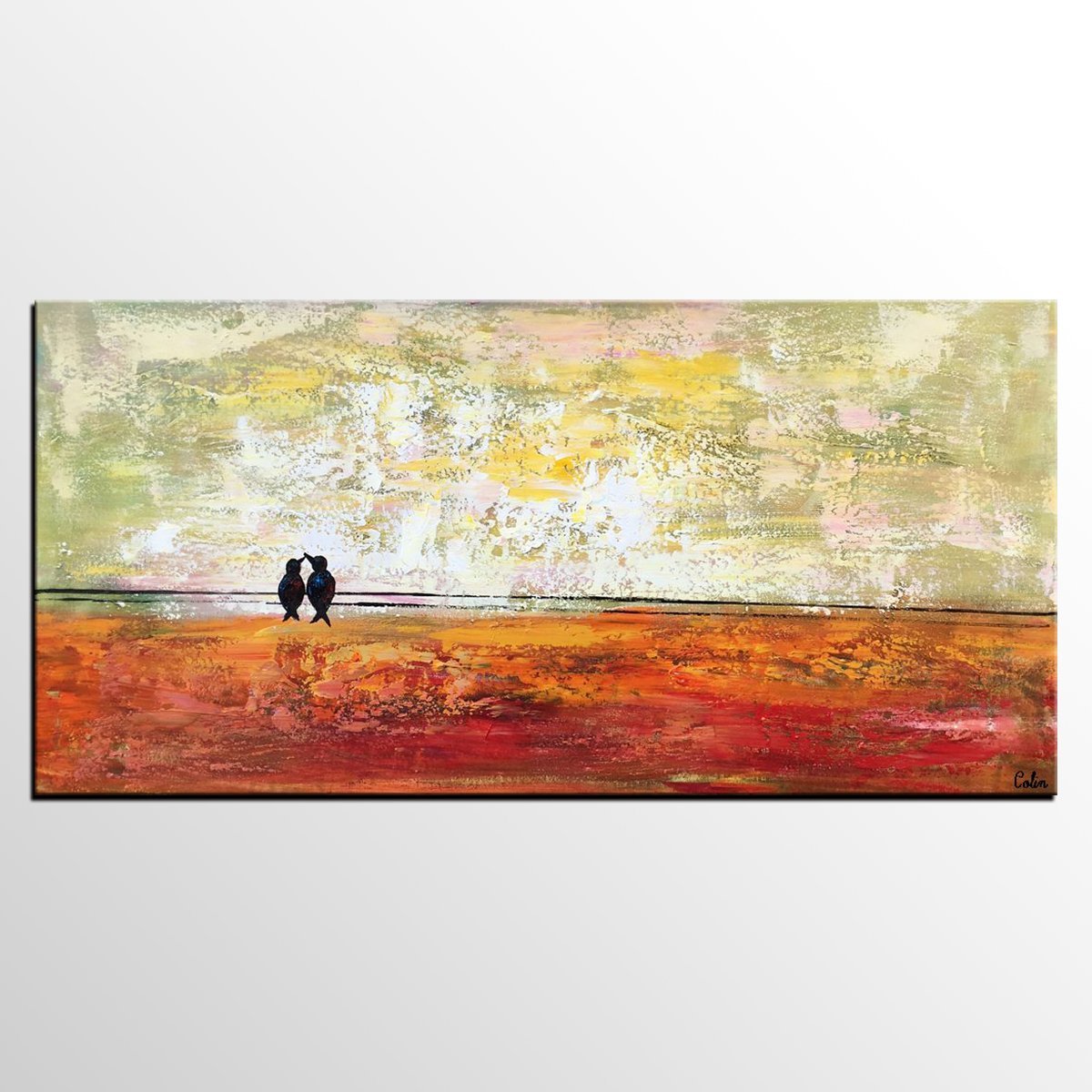 Bird At Wire Painting Original Wall Art, Large Canvas Wall Art Love Birds Painting, Original Artwork Canvas Painting