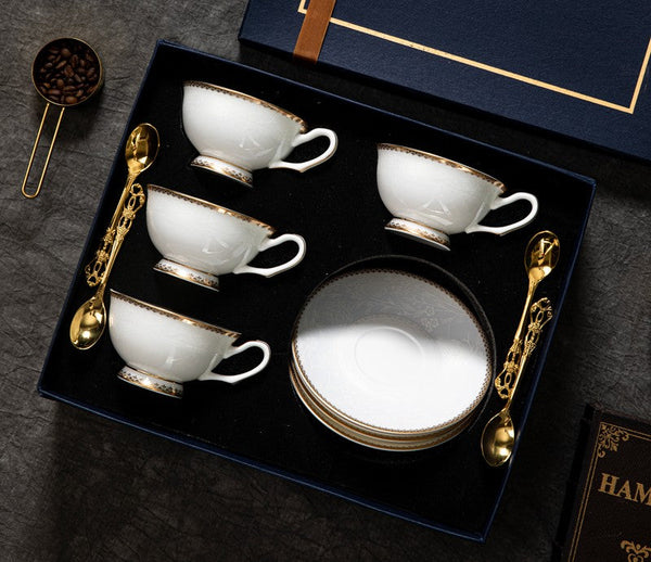 Bone China Porcelain Coffee Cup Set, White Ceramic Cups, Elegant British Ceramic Coffee Cups, Unique Tea Cup and Saucer in Gift Box-Art Painting Canvas