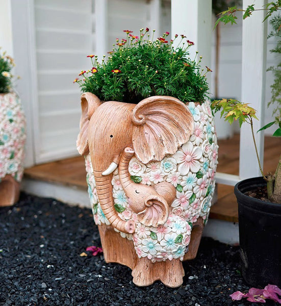 Beautiful Elephant Flowerpot, Modern Garden Flower Pot, Unique Animal Statue for Garden Ornaments, Resin Statue for Garden, Villa Outdoor Decor Gardening Ideas-Art Painting Canvas