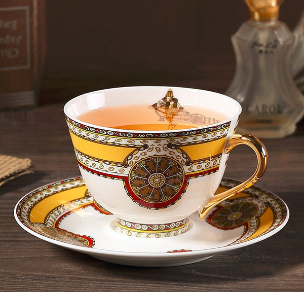 Handmade Beautiful British Tea Cups, Creative Bone China Porcelain Tea Cup Set, Yellow Royal Ceramic Coffee Cups, Unique Tea Cups and Saucers-Art Painting Canvas