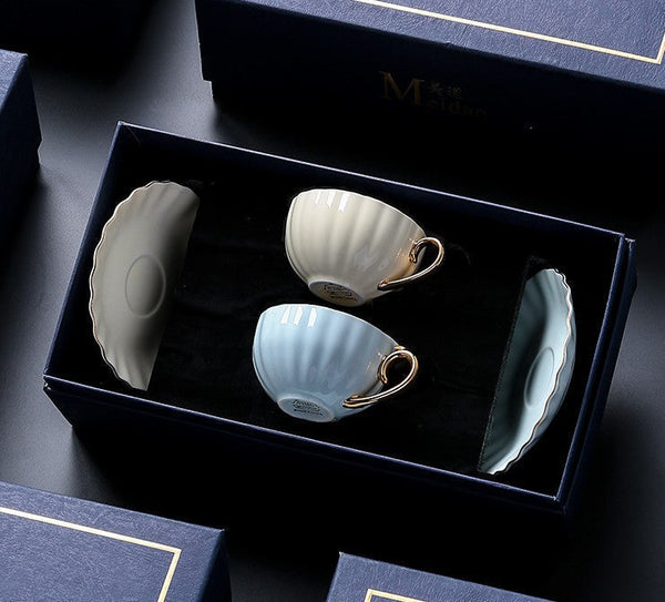 French Style Tea Cups and Saucers in Gift Box as Birthday Gift, Elegant Macaroon Ceramic Coffee Cups, Creative Bone China Porcelain Tea Cup Set, Beautiful British Tea Cups-Art Painting Canvas