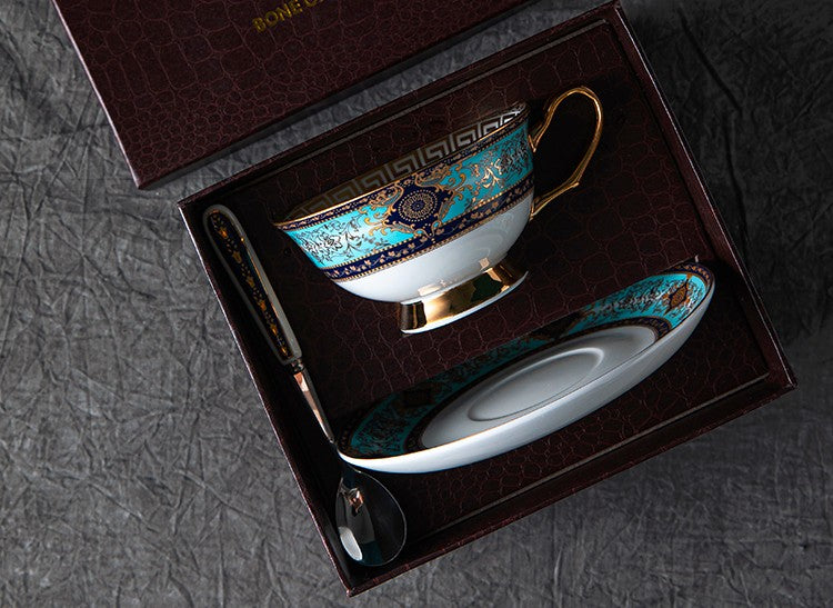 Unique Tea Cup and Saucer in Gift Box, Elegant British Ceramic Coffee Cups, Bone China Porcelain Tea Cup Set for Office-Art Painting Canvas