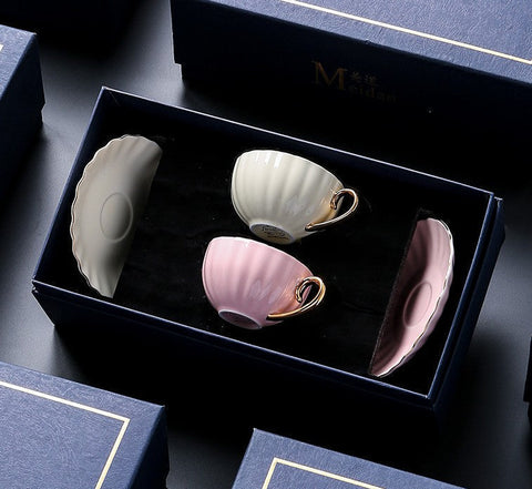 French Style Tea Cups and Saucers in Gift Box as Birthday Gift, Elegant Macaroon Ceramic Coffee Cups, Creative Bone China Porcelain Tea Cup Set, Beautiful British Tea Cups-Art Painting Canvas