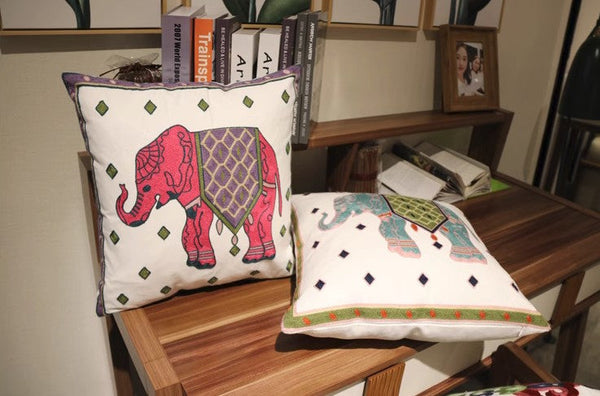 Cotton Decorative Pillows, Elephant Embroider Cotton Pillow Covers, Farmhouse Decorative Sofa Pillows, Decorative Throw Pillows for Couch-Art Painting Canvas
