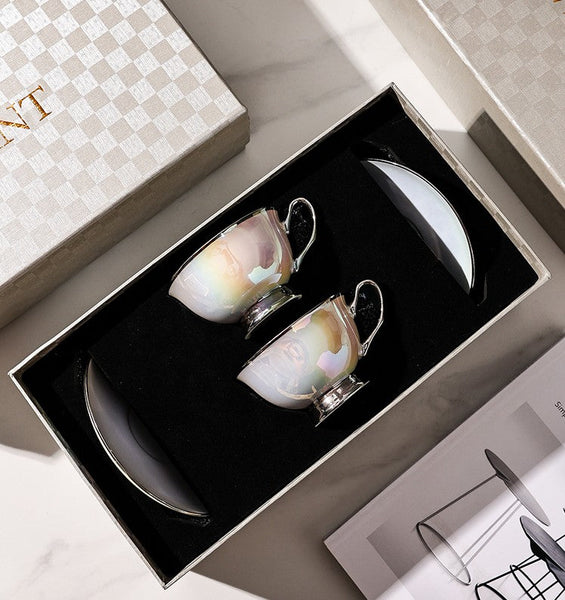 Silver Bone China Porcelain Tea Cup Set, Elegant Ceramic Coffee Cups, Beautiful British Tea Cups, Tea Cups and Saucers in Gift Box as Birthday Gift-Art Painting Canvas