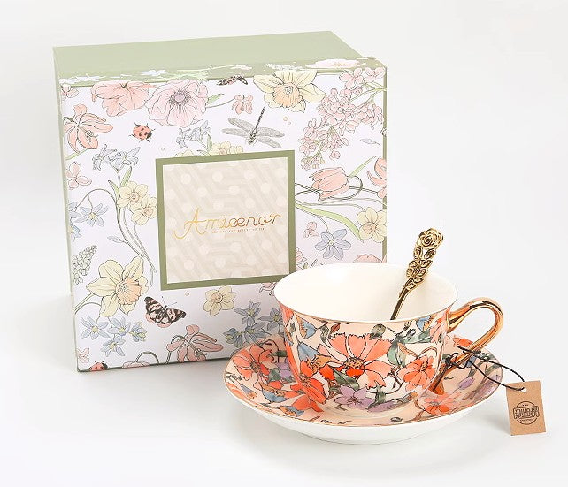 Elegant Ceramic Coffee Cups, Flower Bone China Porcelain Tea Cup Set, British Royal Ceramic Cups for Afternoon Tea, Unique Tea Cup and Saucer in Gift Box-Art Painting Canvas