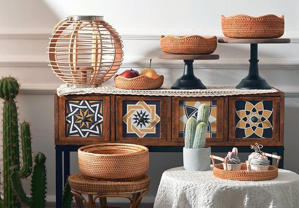 Woven Round Storage Basket, Rattan Storage Basket, Fruit Basket, Storage Baskets for Kitchen-Art Painting Canvas