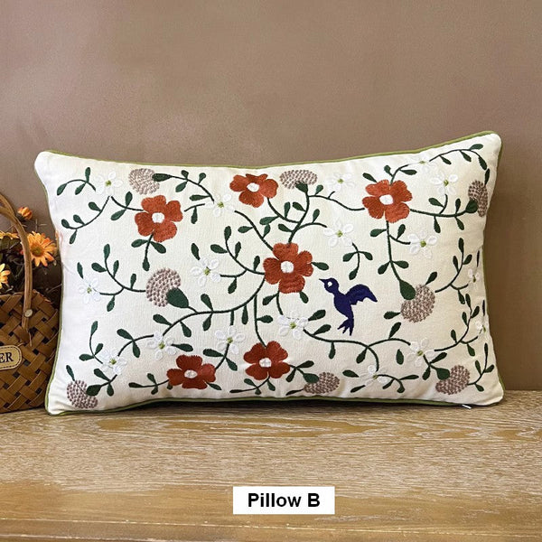 Bird Spring Flower Decorative Throw Pillows, Farmhouse Sofa Decorative Pillows, Embroider Flower Cotton Pillow Covers, Flower Decorative Throw Pillows for Couch-Art Painting Canvas