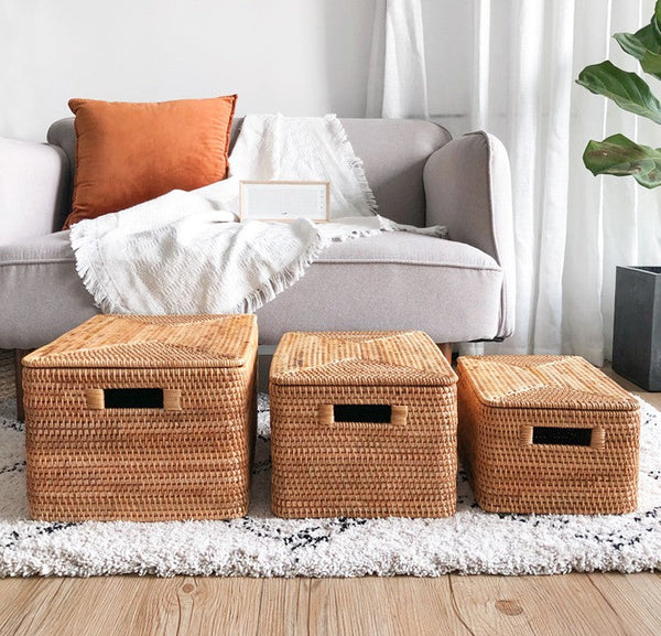 Wicker Rattan Storage Basket for Shelves, Storage Baskets for Bedroom, Rectangular Storage Basket with Lid, Pantry Storage Baskets-Art Painting Canvas