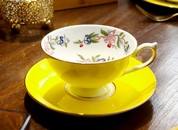 Elegant Yellow Ceramic Cups, Unique Royal Coffee Cup and Saucer, Beautiful British Tea Cups, Creative Bone China Porcelain Tea Cup Set-Art Painting Canvas