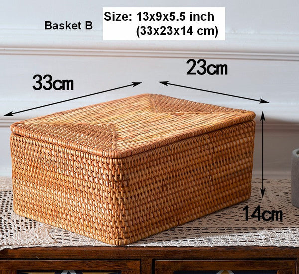 Woven Rattan Baskets, Rectangular Basket with Lid, Rectangular Storage Baskets, Storage Basket for Bedroom, Kitchen Storage Baskets-Art Painting Canvas