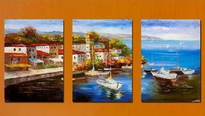 Mediterranean Sea, Boat Painting, Canvas Painting, Wall Art, Landscape Painting, Modern Art, 3 Piece Wall Art, Abstract Painting, Wall Hanging-Art Painting Canvas