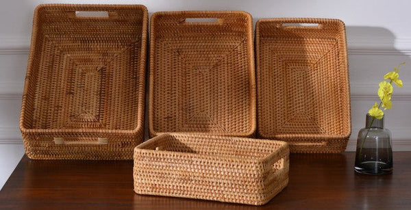 Large Woven Rattan Storage Basket, Rectangular Basket with Handle, Storage Baskets for Living Room-Art Painting Canvas
