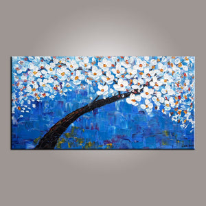 Blue Flower Tree Painting, Canvas Art, Abstract Painting, Painting on Sale, Dining Room Wall Art, Art on Canvas, Modern Art, Contemporary Art-Art Painting Canvas