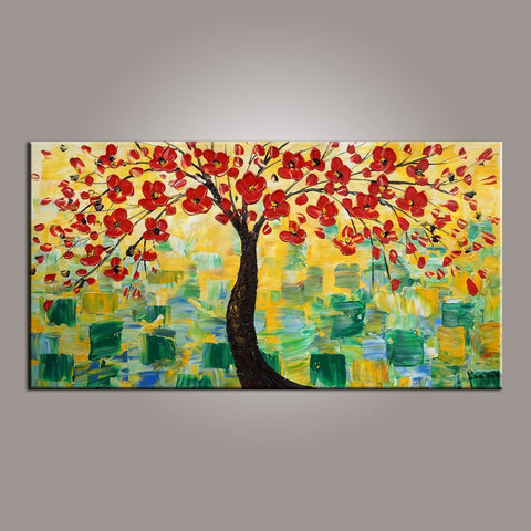 Red Flower Tree Painting, Canvas Art, Abstract Painting, Painting on Sale, Dining Room Wall Art, Art on Sale, Modern Art, Contemporary Art-Art Painting Canvas