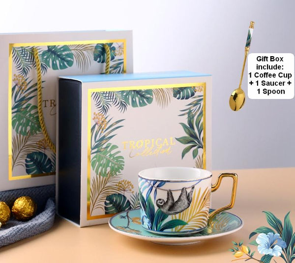 Elegant Tea Cups and Saucers, Jungle Toucan Pattern Porcelain Coffee Cups, Coffee Cups with Gold Trim and Gift Box-Art Painting Canvas