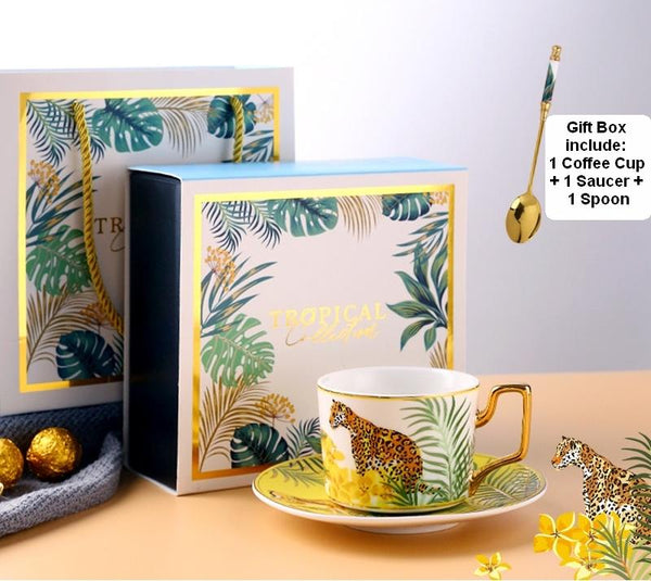 Elegant Porcelain Coffee Cups, Coffee Cups with Gold Trim and Gift Box, Tea Cups and Saucers, Jungle Animal Porcelain Coffee Cups-Art Painting Canvas