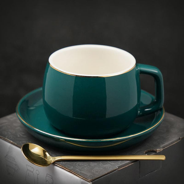 Ceramic Cup and Saucer for Office, Round Coffee Cup and Saucer Set, White Coffee Cup, Green Coffee Mug, Black Coffee Cups, Elegant Porcelain Coffee Cups-Art Painting Canvas