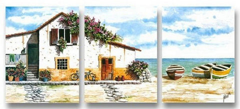 Cottage At Seashore, Landscape Painting, Landscape Art, 3 Panel Painting, Art Painting-Art Painting Canvas