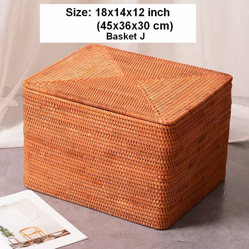 Large Rectangular Storage Basket with Lid, Rattan Storage Case, Storag