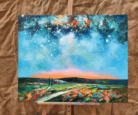 Landscape Painting on Canvas, Starry Night Sky Painting, Original Landscape Painting, Custom Canvas Painting for Dining Room-Art Painting Canvas